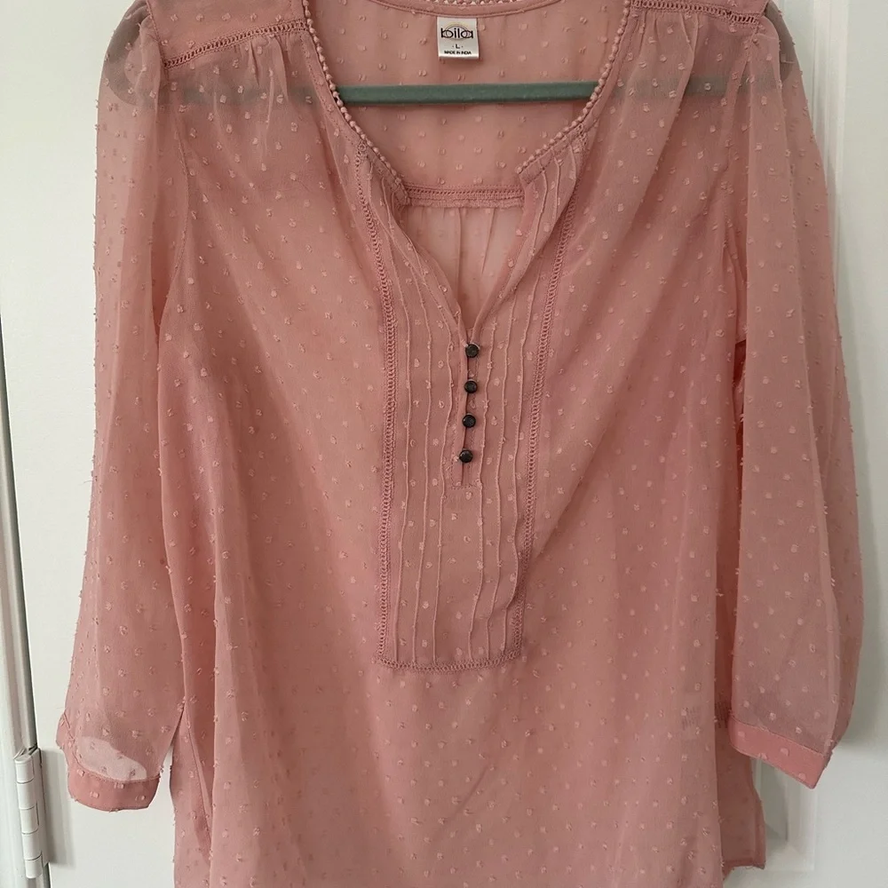Nila Pink Polka Dot Sheer Blouse with Button Down - Picture 1 of 4
